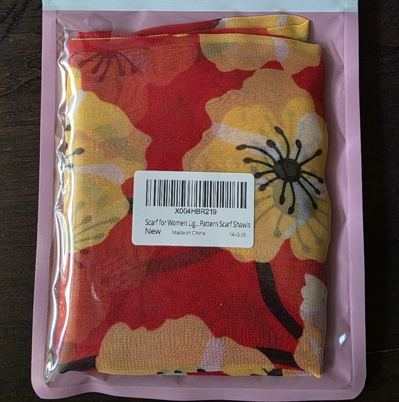 NWT Vibrant Red & Yellow Floral Chiffon Scarf Shawl 63" × 20" - Picture 6 of 6